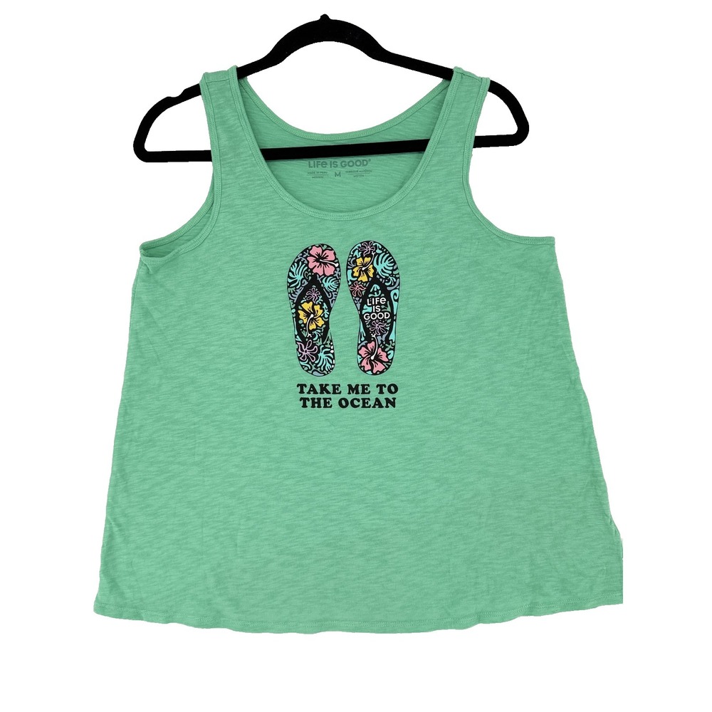 Life Is Good Womens Tank Top M Green Flip Flop Take Me To The Ocean Graphic